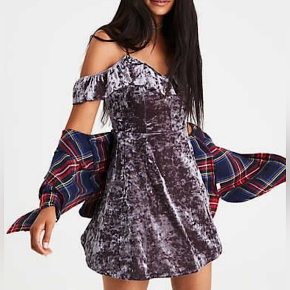 American Eagle, Extra Small, Grey, Crushed Velvet Mini Dress